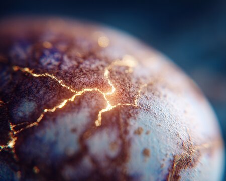 close-up of one Easter egg where cracks form a glowing map like constellations, dark soft background fading into blur