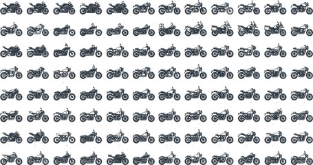 Comprehensive motorcycle silhouette icon collection set featuring diverse motorbike types sport bikes cruisers choppers and adventure touring models © jamirul