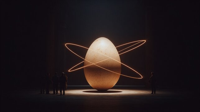 giant Easter egg displayed like a planet model in a dark museum hall, thin glowing orbit lines around it