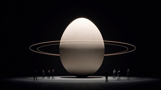 giant Easter egg displayed like a planet model in a dark museum hall, thin glowing orbit lines around it