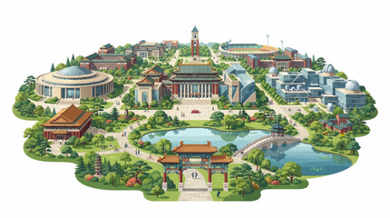 Obraz premium Colorful Illustrated Campus with Traditional and Modern Buildings.