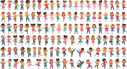 Diverse group of happy cartoon children characters dancing jumping cheering and posing in ballet outfits vector illustration stock asset set © jamirul
