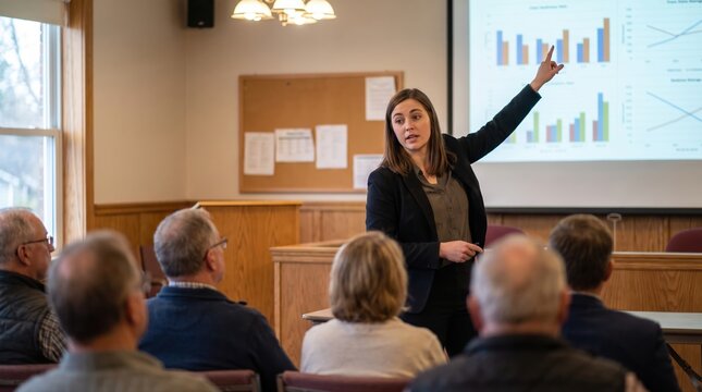 Municipal leader presenting housing affordability chart at community town hall