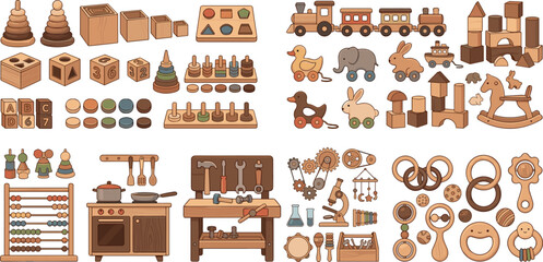 Eco friendly wooden baby toys collection set with sensory stacking rings blocks trains and puzzles vector illustration graphics bundle © jamirul