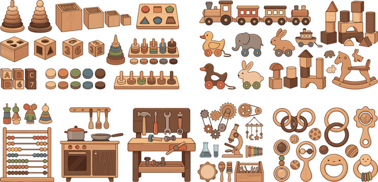 Eco friendly wooden baby toys collection set with sensory stacking rings blocks trains and puzzles vector illustration graphics bundle
