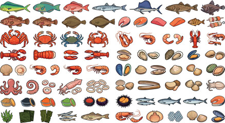 Fresh seafood market collection vector illustration asset set featuring diverse fish species crabs lobsters shrimp and edible seaweed © jamirul