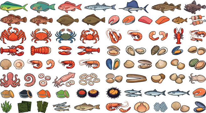 Fresh seafood market collection vector illustration asset set featuring diverse fish species crabs lobsters shrimp and edible seaweed
