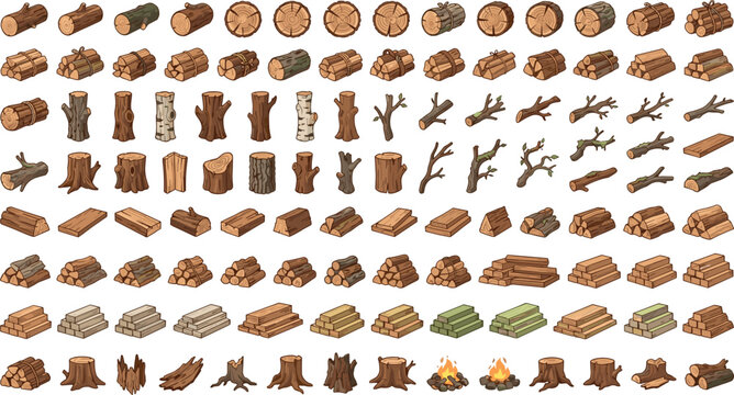 Firewood stack and isometric timber log bundle collection with forest campfires tree stumps planks and branches vector illustration
