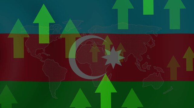 Azerbaijan Economy Growth: Green upward arrows overlaid on the Azerbaijani flag and a world map symbolize economic growth and progress in Azerbaijan.