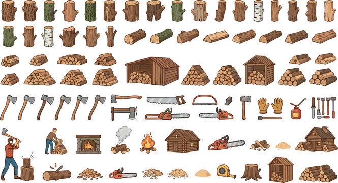 Lumberjack and firewood production vector illustration set with wood logs chainsaws axes wooden sheds and log cabin icons