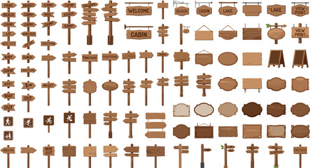 Rustic wooden signposts and directional arrow boards collection set for camp trails hiking paths and outdoor park navigation vector illustrations © jamirul
