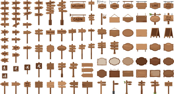 Rustic wooden signposts and directional arrow boards collection set for camp trails hiking paths and outdoor park navigation vector illustrations