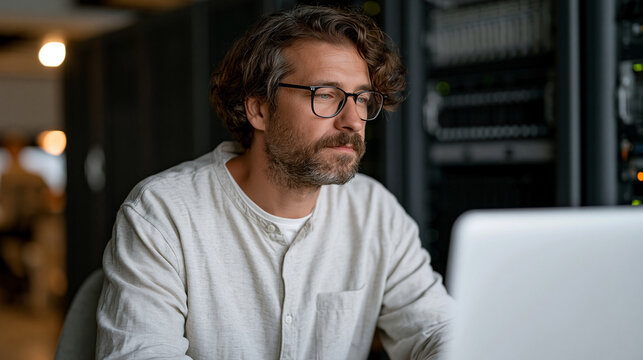 database administrator seated before a large server rack under dramatic overcast sky light reviewing renal dose adjustment counseling documentation, before and after server