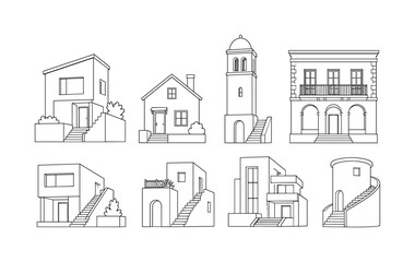 Fototapeta premium Minimalist line art drawings of simple building structures stairs, building, house, home, architecture, tower, simple, minimal,