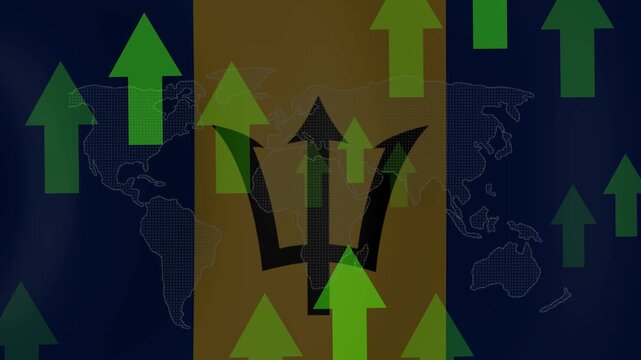 Barbados Economy Growth: The flag of Barbados overlayed on a world map with green upward arrows symbolizing economic growth and positive trends in the nation's financial sector.