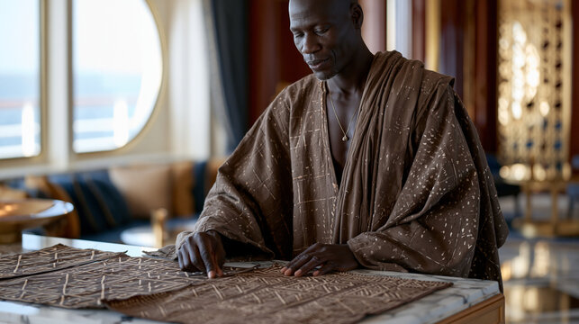 Malian bogolan artisan in mud cloth kaftan arranges geometric fabric samples across marble lobby table of upscale cruise ship interior, sunlight through porthole window casting
