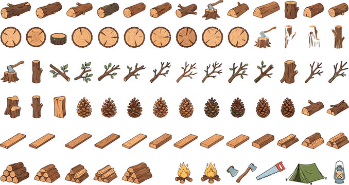 Wood logs and lumbering industry vector illustration set with pine cones firewood tree stumps campfire axes and camping assets