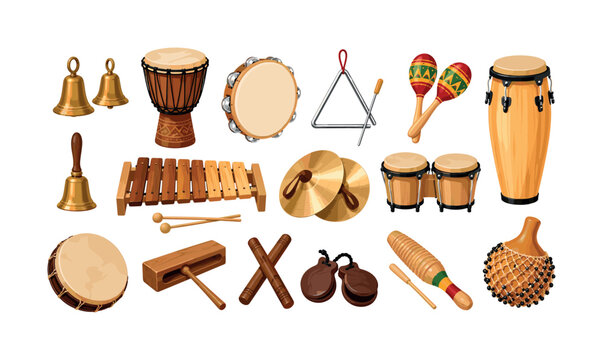 Collection of diverse percussion instruments for musical education and performance