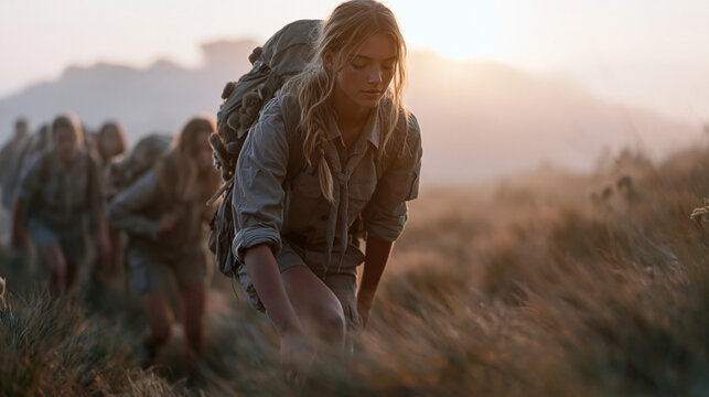 Troop of young scouts hikes through early morning meadow mist, female scout leaders demonstrating strength training exercises using backpacks and natural terrain, the group