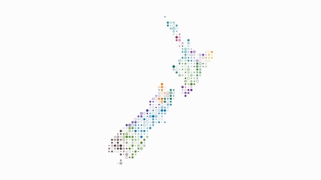 New Zealand animated country shape. Pulsating colored dots on the map of the country. Small size circle blocks. Digital style New Zealand map on white background. Stylish animation video.