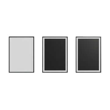 Three rectangular frames in white and matte black with thin borders against a neutral gray studio background with soft shadows concept of minimalist design