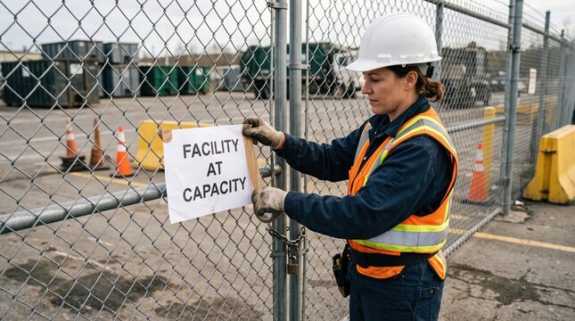 Facility at capacity sign taped to closed transfer station gate by safety worker
