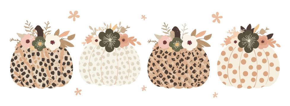 Set of decorative watercolor pumpkins with floral arrangements. Hand-painted autumn pumpkins with polka dot and leopard print patterns in warm neutral colors isolated on white background. Vector.