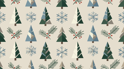 Obraz premium Geometric Winter Forest Pattern with Stylized Trees and Snowflakes