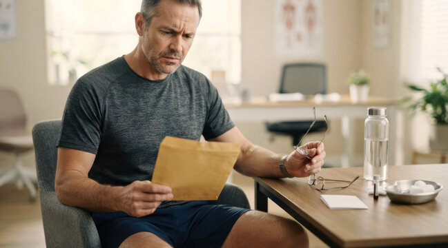 Middle-aged man in a clinic consultation room after hormone testing, holding lab results beside a blood draw tray, water bottle, and appointment card.