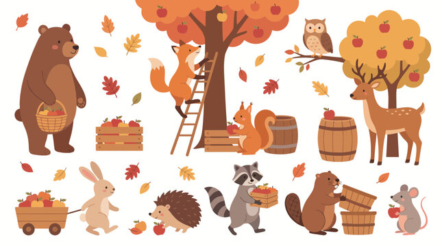 Cute Autumn Woodland Animals Harvest Apples Vector Set Featuring Bear Fox Squirrel Owl Deer Rabbit Hedgehog Raccoon Beaver Mouse