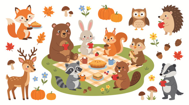 Cute woodland animals autumn picnic vector illustration set with bear fox deer raccoon squirrel rabbit badger hedgehog eating pie and apples