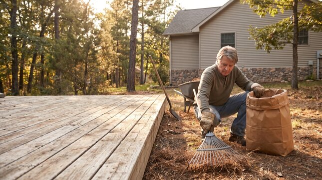 Wildfire regulations brush clearance around wooden deck by mature homeowner
