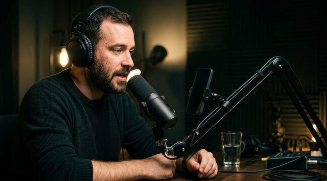 Podcast creator testing a conversational AI assistant in a studio setup with microphone, headphones, smartphone, and boom arm.