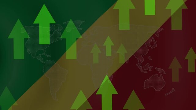 Upward Trend Visualization: A dynamic graphic illustrating a significant upward trend with numerous green arrows pointing upwards against a backdrop of world maps.