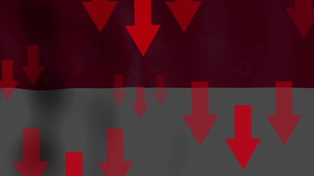 Economic Downturn: A stark depiction of financial decline, with multiple red downward arrows superimposed over the national flag, symbolizing a period of recession and instability.