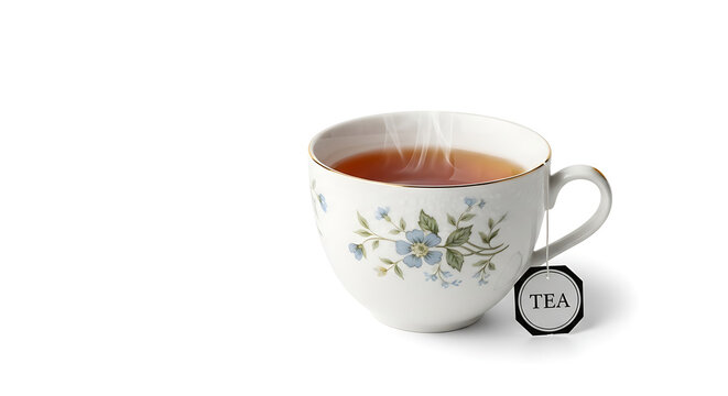 Steaming floral tea cup with tea bag on white surface transparent background