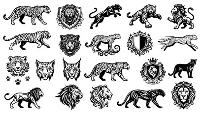 Heraldic Wild Cat Vector Bundle with Tribal Leopard Panther and Jaguar Graphics © HASAN