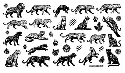 Wild Cat Tribal Silhouette Vector Set with Leopard Panther Jaguar Illustrations © HASAN