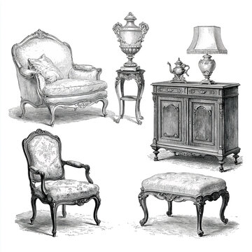Ornate antique furniture set including armchair, accent chair, cabinet, ottoman, lamp, urn, teapot, and pedestal in vintage style
