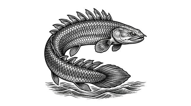 Detailed engraving of prehistoric coelacanth fish swimming.