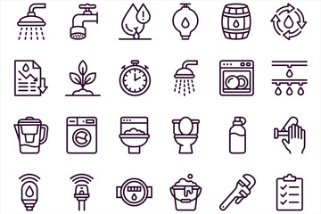 Fototapeta premium Collection of icons representing water conservation, household appliances, and maintenance tasks in a clean modern style