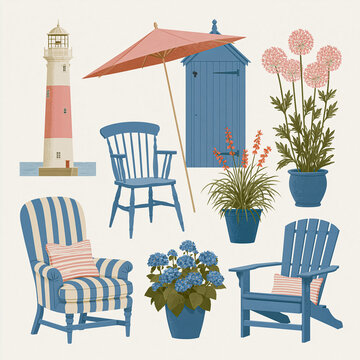 Nautical themed elements for a relaxing seaside garden or beach house. Featuring blue, white, and coral tones