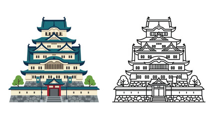 Japanese castle illustration with color and line art versions © Mkm Studio