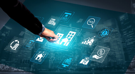 Fototapeta premium Futuristic Digital Interface with Business Icons and Navigation Symbols Emerging from a Hand Against a Cityscape Background. Entropy.