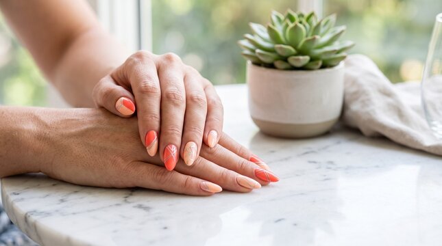 Woman's hands with coral geometric nail art on a marble table with a succulent