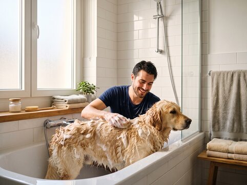 A smiling young man washing his golden retriever dog in a bright, modern bathroom bathtub, using soap suds and a grooming brush for pet hygiene