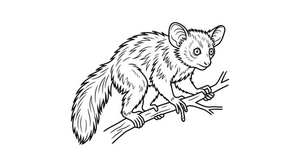Lemur on tree branch line art wildlife illustration. © budirah