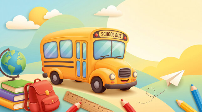 cute 3d yellow school bus with backpack books and stationery education banner