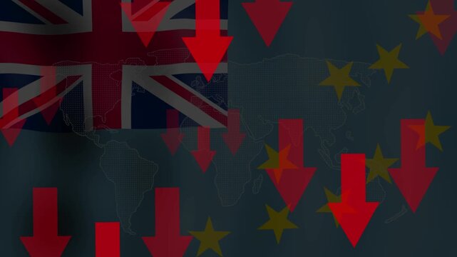 Brexit Economic Downturn: The image depicts the Union Jack superimposed over a background symbolizing economic decline, with red downward arrows and the EU stars.