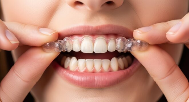 Close up of a woman placing a clear plastic teeth aligner tray into her mouth to improve her smile and straighten her teeth for better dental health and a confident appearance